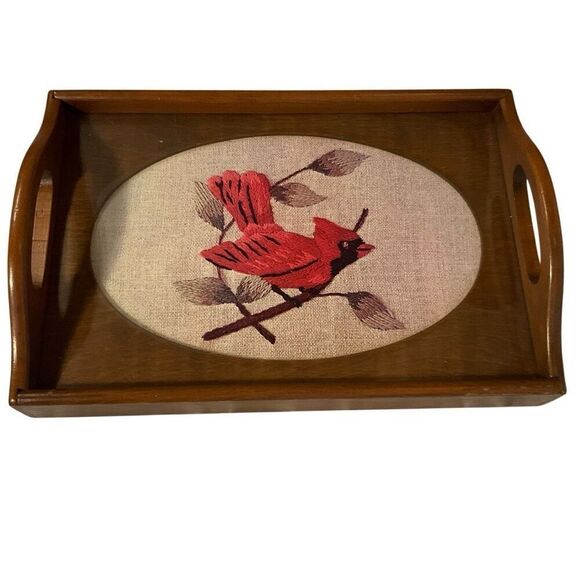 Vintage Cardinal Glass Topped Wood Needlepoint Tray with Handles by Three Mounta - Picture 1 of 11